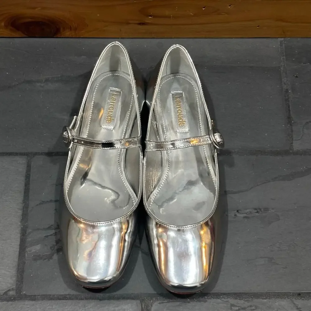 Larroude Blair Silver Metallic Patent Mary Jane Flat - size 7